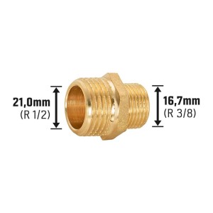 Nipplo riduttore filettato in ottone, da 21 mm a 16,7 mm, per raccordi filettati.