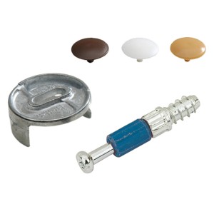Set raccordo Hettich con connettore in acciaio, tassello e tappi di copertura in marrone, bianco e beige.
