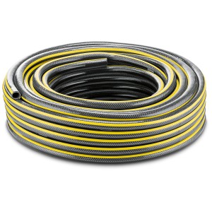 Tubo da giardino Kärcher Performance Plus 5/8 pollici, 25 m, grigio con strisce gialle arrotolato.
