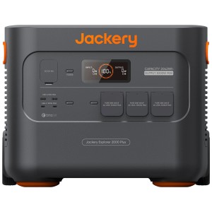 Jackery Powerstation Explorer 2000 Plus avec capacité de 2160 Wh. Centrale électrique portable grise avec accents orange.