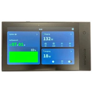 Panneau de commande EcoFlow Power Kits : Affichage du temps de charge, de la puissance d'entrée et de sortie du générateur.