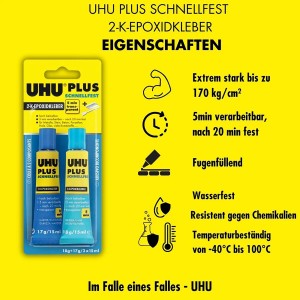 Uhu Plus Schnellfest Adesivo epossidico bicomponente, trasparente, 18g+17g. Colla forte per metallo, vetro, ceramica e altro.