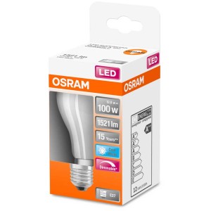 Ampoule LED Osram E27, filament, mat, blanc froid, 100W, 1521lm dans sa boîte.