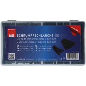 Boîte de gaines thermorétractables, noires, assorties, longueur 100mm, tailles variées pour isolation câbles.