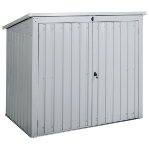 Abri de jardin en acier Beliani Moena, gris clair, avec toit monopente et double porte verrouillable.