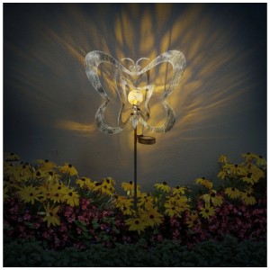 Piquet solaire LED Globo papillon (83 cm) gris argenté avec lumière blanc chaud pour éclairage de jardin d'ambiance.