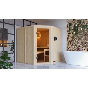 Sauna Karibu Kotka con stufa e porta in vetro in legno chiaro. Sauna in legno massello per interni.