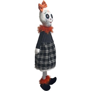 Figura decorativa di Halloween: donna fantasma sugar-skull con fiocco, camicetta e gonna, alta 75 cm.