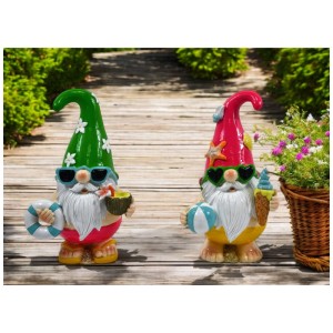 Gnomi da giardino decorativi colorati a tema spiaggia con salvagente, drink, palla e gelato, 18 cm.