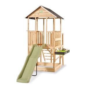 Maisonnette en bois Panorama Exit Toys avec toboggan, cuisine boue et bac à sable.
