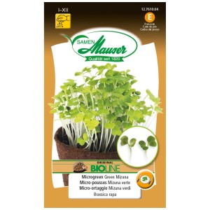 Samen Mauser Bio-Microgreen Green Mizuna con foglie verdi e steli bianchi.