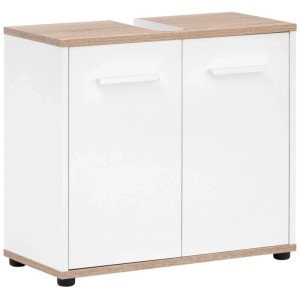 Meuble sous-vasque Badmobil CHI blanc/chêne, 60 cm de large, avec deux portes et poignées.