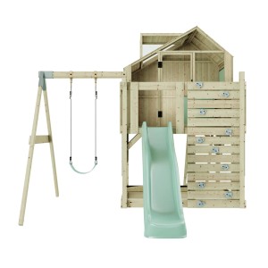 Torre giochi in legno con altalena verde menta, scivolo e parete da arrampicata.