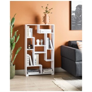 Bibliothèque Beliani Alma blanche avec 9 compartiments ouverts, 122 cm, moderne dans le salon avec livres et déco.