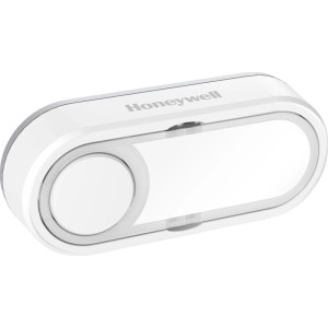 Bouton de sonnette sans fil Honeywell blanc avec porte-nom et LED, design horizontal.