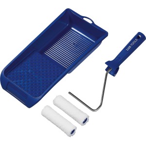 Kit à lasurer LUX, 4 pièces : bac à peinture, monture de rouleau et deux rouleaux microfibre.
