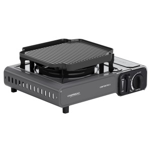 Fornello Campingaz Camp Bistro 3 con piastra grill, fornello da campeggio grigio con accessorio grill.