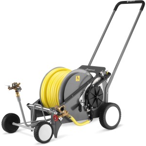 Carrello avvolgitubo Geka grigio-giallo con tubo e irrigatore per irrigazione giardino.