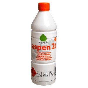 Mélange Aspen 2 temps 1 l en bouteille blanche avec bouchon orange pour tronçonneuses.