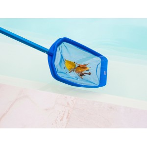 Écumoire de piscine Steinbach bleue avec des feuilles dans le filet pour le nettoyage de la piscine.