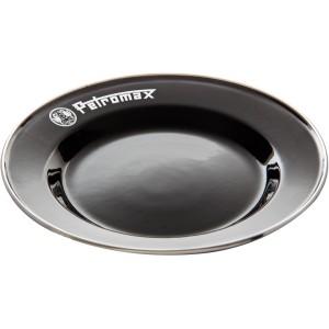 Schwarzer Petromax Emaille-Teller mit Edelstahlrand. Robustes Grillutensil für Outdoor & Küche.