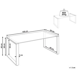 Schéma : Table basse Tilon, verre de sécurité, cadre argenté, dimensions 40x50x100 cm, charge max. 20 kg.