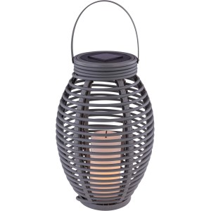 Lanterne solaire LED grise avec effet de flamme aspect rotin pour extérieur.