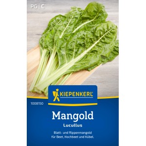 Semi di bietola Kiepenkerl Mangold Lucullus: bietola da taglio vigorosa a foglie ricce su tagliere di legno.