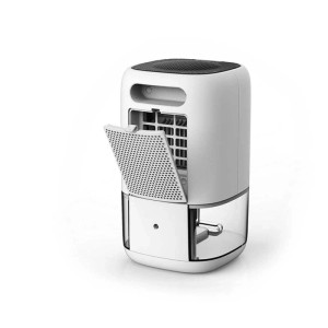 Déshumidificateur Sonnenkönig Secco Piccolo 2, blanc/gris, avec filtre ouvert et réservoir d'eau transparent.