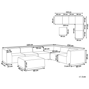 Dimensions de l'ensemble lounge gris Beliani Arezzo, 7 places, modulable, présenté sous forme de croquis.