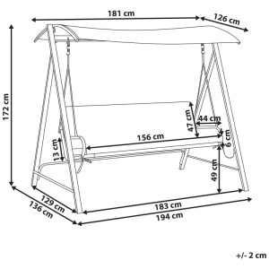 Disegno tecnico della dondolo Beliani Bonagia. Mostra le dimensioni del dondolo in acciaio a 3 posti con tettuccio.