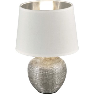 Lampada da tavolo Trio Luxor, lampada da comodino bianca e argento con paralume in tessuto, alta 26 cm.