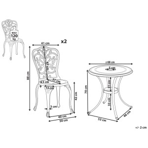 Disegno tecnico del set bistro TRIORA/ANDALO, marrone, alluminio, con dimensioni di tavolo e sedie.