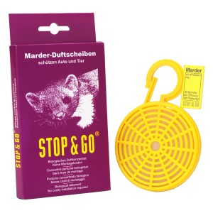 Disco profumato repellente per martore, giallo, con confezione. Protezione per auto e animali.