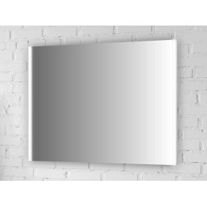 Specchio rettangolare illuminato a LED Jokey (80x60 cm) bianco con interruttore a levetta su parete di mattoni bianchi.