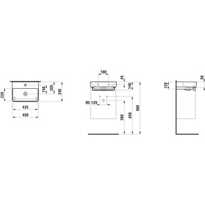 Schéma technique du lave-mains Laufen Pro X, céramique, blanc, avec dimensions pour l'installation.