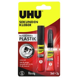 UHU Sekundenkleber Plastik, sistema a 2 fasi con penna attivatore e colla per plastica.