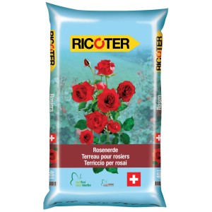 Sac de terreau pour rosiers sans tourbe Ricoter 40L avec motif de roses. Terre spéciale pour rosiers.