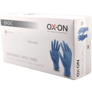 Scatola di guanti blu OX-ON Disposable Basic 15000, taglia 7, senza polvere, per abbigliamento da lavoro.