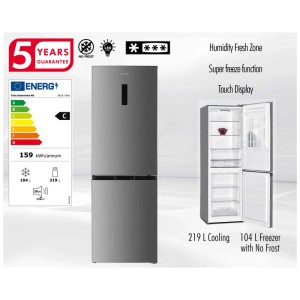 Combiné réfrigérateur-congélateur Trisa en acier inoxydable avec technologie No-Frost et écran tactile.