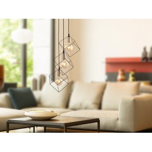 Moderna lampada a sospensione Näve Canto, a 3 luci, con paralumi a forma di cubo in stile industriale.