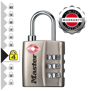 Master Lock TSA Zahlen-Vorhängeschloss, 3-stellig, vernickelt, 30 mm breit. Ideal für Gepäck.