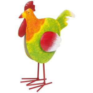 Dekorative Hahn Figur, orange-grün, 33cm hoch, aus Stahlblech für die Gartendekoration.