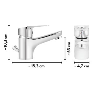Miscelatore lavabo baliv WT-5160 cromato con scarico eccentrico e dimensioni.