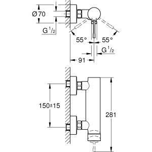 Disegno tecnico del miscelatore monocomando per doccia Grohe Essence con dimensioni.