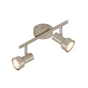 Plafoniera LED nickel opaco con due faretti orientabili.