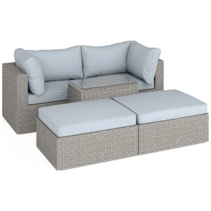Salon de jardin Olea 5 pcs en polyrotin sable, en coin avec coussins gris clair et table en verre. Mobilier de jardin modulaire.
