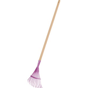Râteau pour enfants violet avec manche en bois (97,1 cm) pour le jardin.