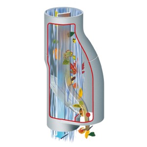 Separatore per foglie Garantia grigio, accessorio per serbatoi d'acqua piovana, con foglie e acqua all'interno.