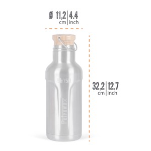 Bouteille isotherme Petromax TB150, 1,5 l, inox avec couvercle en bambou, dimensions affichées.
